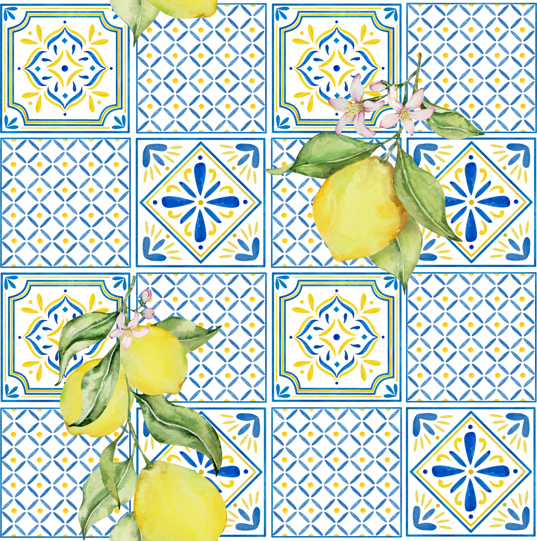 Seamless pattern of watercolor lemons, leaves and blue tiles